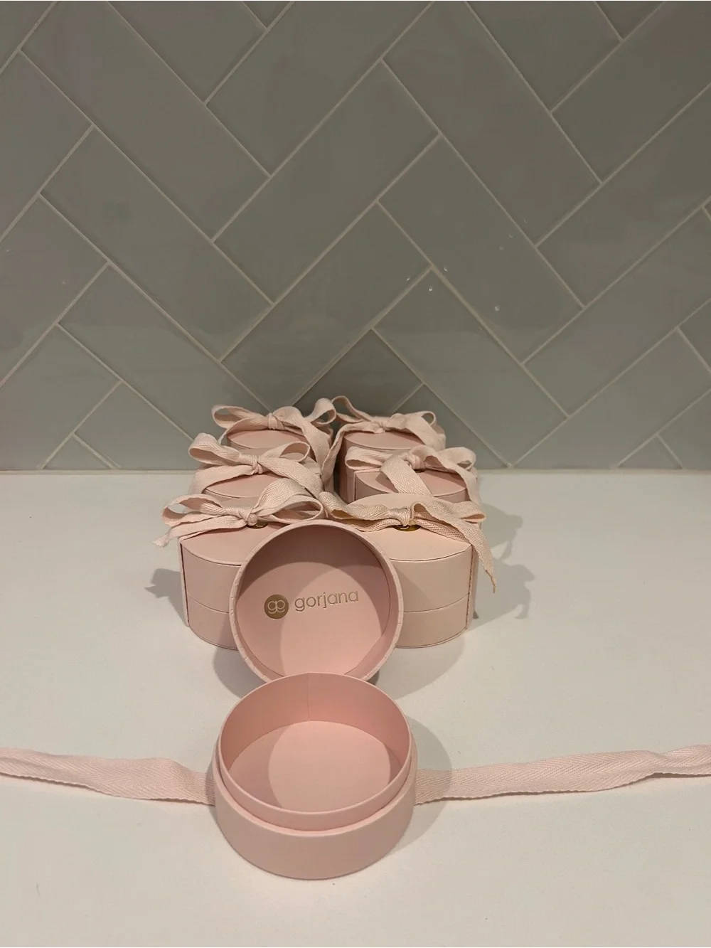 Round Gorjana Blush Pink Gift Boxes with Ribbon Lids - Set of 8